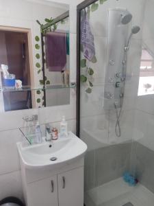韦尔科姆Mosaic Guesthouse Welkom的带淋浴和盥洗盆的白色浴室
