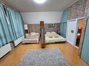 布达佩斯Relax & Wellness Villa Diósd的配有蓝色窗帘的客房内的两张床