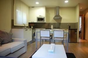 蒙塞尼蒙塞尼套房公寓的厨房以及带沙发和桌子的客厅。