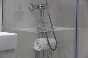 莱索Apartamentos rurales PATXILLABORDA的浴室里设有淋浴和卷卫生纸