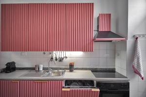 因佩里亚La casa fra la storia e il mare的厨房设有红色条纹墙壁和水槽