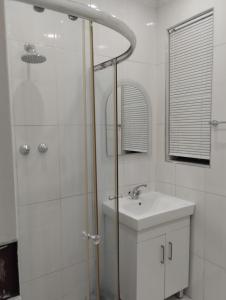 伯诺尼Inspire living home的带淋浴和盥洗盆的白色浴室