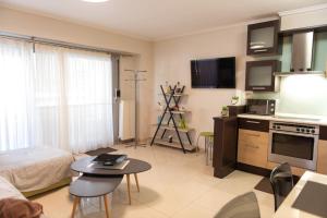 塞萨洛尼基Chris & Mary comfort rooms Thessaloniki center的一间带一张床铺和一张桌子的客厅以及一间厨房。