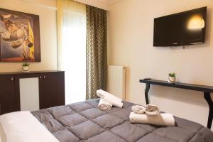 塞萨洛尼基Chris & Mary comfort rooms Thessaloniki center的一间卧室配有一张床和一台平面电视