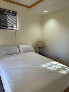 曼德维尔Hidden Oasis in Mandeville的卧室配有一张大白色床和窗户
