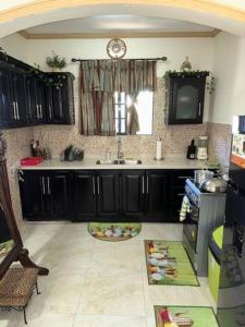 曼德维尔Hidden Oasis in Mandeville的厨房配有黑色橱柜、水槽和窗户。