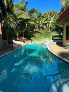 曼德维尔Hidden Oasis in Mandeville的一座拥有蓝色海水和棕榈树的大型游泳池