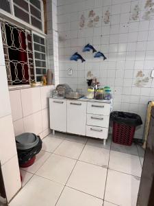 阿帕雷西达A CASA DE IRENE I的一间带水槽的厨房和瓷砖地板