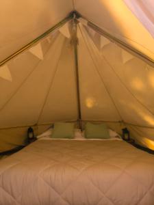 圣拉斐尔Vivac Camp的帐篷内的一张床位,配有两个绿色枕头