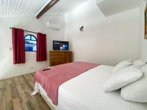 帕拉蒂Villas & Residencial Três Marias à 300 mts do Centro Histórico Paraty的一间卧室配有一张白色的床、红色窗帘和电视。