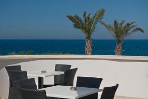 滨海波利尼亚诺皮埃特拉布鲁Spa度假酒店 - CDS酒店的一张桌子和椅子,背景是大海