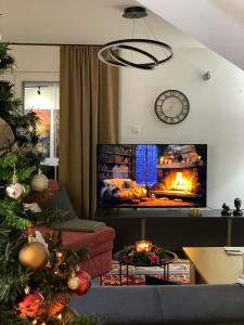 GnjilaneVilla Pluto的客厅配有圣诞树和壁炉