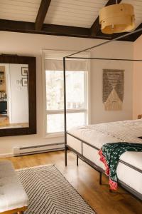 Pocono PinesSweet William A Lake Naomi Chalet Membership的一间卧室配有一张床和镜子