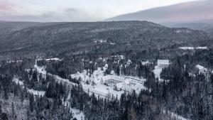 圣安娜德蒙Gîte du Mont-Albert - Sepaq的雪地中滑雪胜地的空中景观