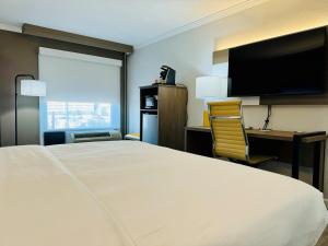 休斯顿休斯顿10号州际公路西能源走廊智选假日酒店及套房的酒店客房配有一张床、一张书桌和一台电视。