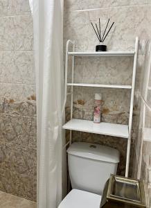 比什凯克Уютная комната-студия в центре Бишкека的浴室设有卫生间,上面有架子