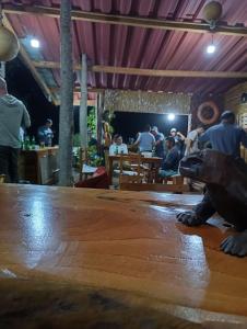 Puerto Velasco IbarraEl Pajas的坐在餐厅桌子上的恐龙的形象