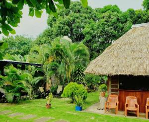 莫约加尔帕Hostal Casa Mauro的小屋设有椅子和草屋顶
