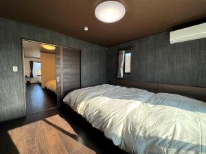 高岛市温泉付き貸別荘 風車村 E-10 with hot spring的一间卧室配有一张大床和镜子