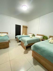 卡拉科尔Sayak hostel的带三张床和绿色床单的客房