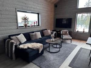 伊德勒Vinterdröm Idre Himmelfjäll的客厅配有蓝色的沙发和电视