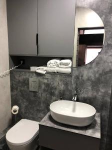 帕利亚尼西亚Небокрай的一间带水槽、卫生间和镜子的浴室