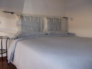 阿斯科利皮切诺Dimora Giosafatti的一间卧室配有一张带蓝色和白色床单的床。