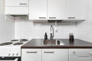 赫尔辛基Nordic Studio near tram & metro 'Kallio' area的白色的厨房设有水槽和炉灶。