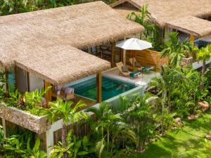 苏梅岛Wild Cottages Elephant Sanctuary Resort的享有带游泳池的度假村的空中景致