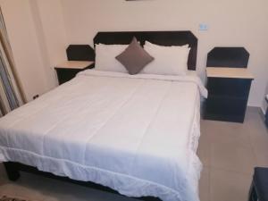 艾因苏赫纳Regina Resort El Sokhna的卧室配有一张带白色床单和枕头的大床。