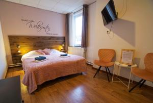 斯欣奥普赫尔Bed & Breakfast Hotel Het Gerendal的一间卧室配有一张床、两把椅子和电视
