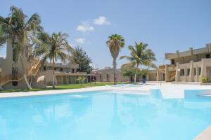普拉亚普拉亚玛尔绿洲酒店的棕榈树建筑前的大型游泳池