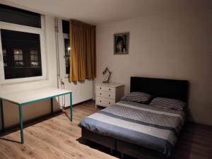 斯希丹Tourist Travel Inn的一间卧室配有一张床、一张书桌和一个窗户。