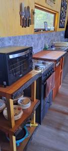 洛斯安赫莱斯Hospedaje Andes的厨房配有炉灶和带盘子的台面