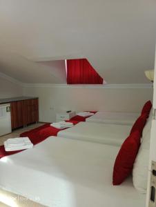 特拉布宗ÇARŞI HOTEL&CAFE的带红色枕头的三张白色床铺