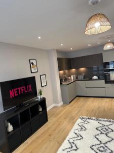 伦敦Richardson Deluxe Apartments (2-Bed)的带电视的客厅和厨房