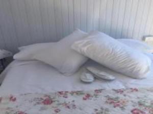 马莱尼White Jacaranda Tiny House的床上有两张枕头,有两双鞋