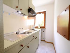 瓦尔道拉Residence Bacher的白色的厨房设有水槽和窗户