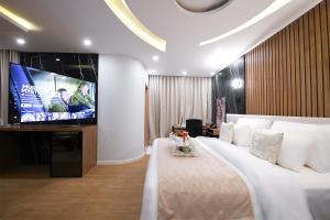 开罗Arabella Premium Residence - New Cairo的一间卧室配有一张大床和一台平面电视