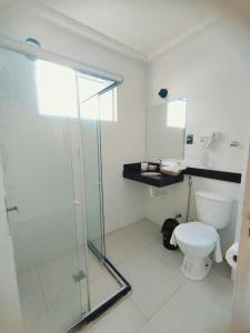 累西腓Hotel Boa Viagem Aeroporto的一间带玻璃淋浴和卫生间的浴室
