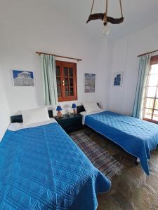 科罗尼Villa Mariana的配有蓝色棉被的客房内的两张床