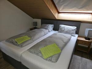 Appartement "Toni"的两张床铺,带两个绿色枕头