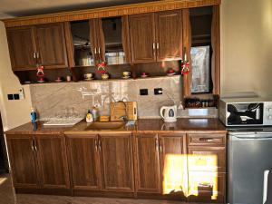 班斯科IZ VIEW Apartment的厨房配有木制橱柜和不锈钢冰箱。