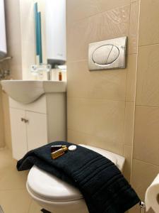 班斯科IZ VIEW Apartment的浴室里厕所里的一条黑色毛巾