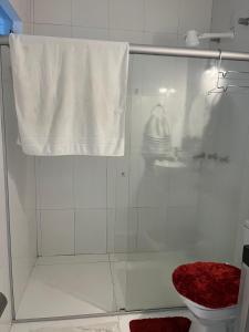 塞古罗港AP 2 Quartos 6 Pessoas Luxo 200mt Axé Moi的带淋浴、卫生间和毛巾的浴室