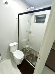 沙佩科Loft Lux 4的一间带卫生间和玻璃淋浴间的浴室