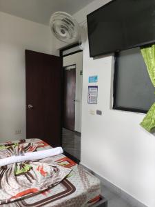 比亚维森西奥HOTEL KIRPAS的客房设有一张床和一台平面电视。