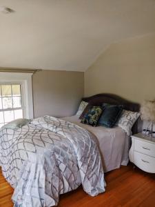 Fergus FallsMagnolia LLC short term rentals private room on the second floor的卧室配有带枕头的床铺和窗户。