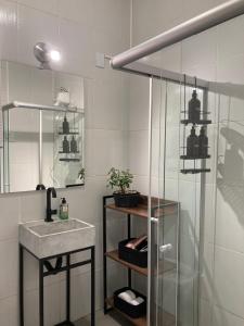 贝洛奥里藏特Casinha do Prado, conforto vintage, ar condicionado的一间带水槽和玻璃淋浴的浴室
