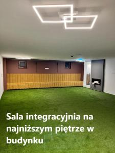 新古提Zakątek Śniardwy的一间位于大楼内的大型客房,铺有绿色地毯。